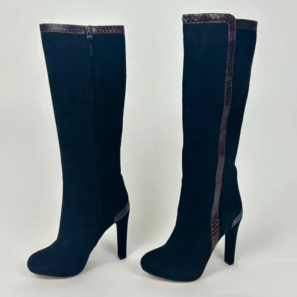 Fendi Suede Knee High Lizard Trim Platform Boots